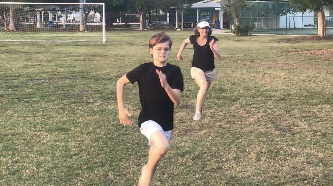 53-year-old Andrea Askowitz races her 12-year-old son, Sebastian.